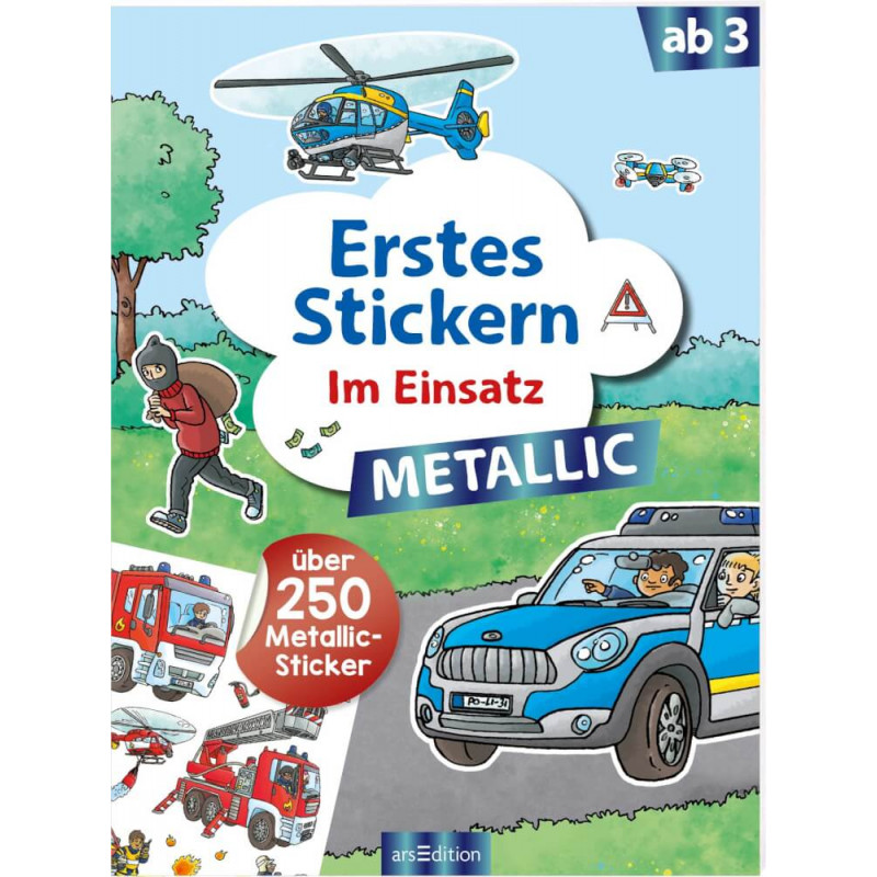 Deutsches Stickerbuch-Cover mit Polizei, Feuerwehr, Hubschrauber, für Kinder ab 3 Jahren, über 250 Sticker.