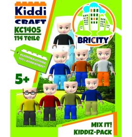 Sieben Spielfiguren mit unterschiedlichen Outfits, Kiddi Craft und Bricity Bauset-Box, ab 5 Jahren geeignet.