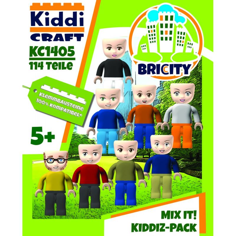Sieben Spielfiguren mit unterschiedlichen Outfits, Kiddi Craft und Bricity Bauset-Box, ab 5 Jahren geeignet. Sieben Spielfiguren mit unterschiedlichen Outfits, Kiddi Craft und Bricity Bauset-Box, ab 5 Jahren geeignet.