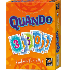 Orange Schachtel des Kartenspiels Quando, darauf bunte Zahlenkarten und der deutsche Text Einfach für alle!.