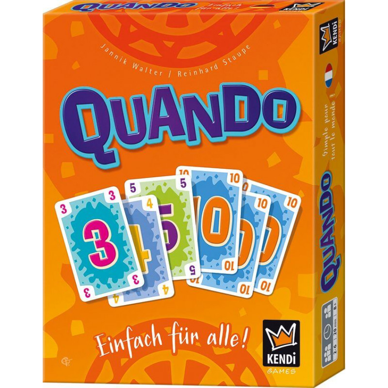 Orange Schachtel des Kartenspiels Quando, darauf bunte Zahlenkarten und der deutsche Text Einfach für alle!. Orange Schachtel des Kartenspiels Quando, darauf bunte Zahlenkarten und der deutsche Text Einfach für alle!.