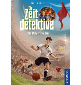 Ein gezeichneter Fußballspieler schießt im Stadion den Ball im Hintergrund jubelnde Menge und rote Fahne.
