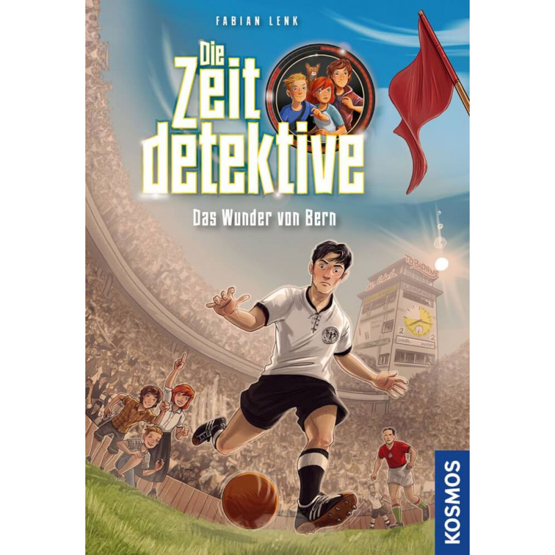 Ein gezeichneter Fußballspieler schießt im Stadion den Ball im Hintergrund jubelnde Menge und rote Fahne.