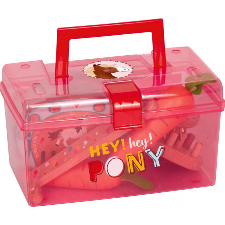 Rote Plastikbox mit Griff und HEY! hey! PONY-Aufdruck, enthält Spielzeug-Karotten und Bürsten. Rote Plastikbox mit Griff und HEY! hey! PONY-Aufdruck, enthält Spielzeug-Karotten und Bürsten.