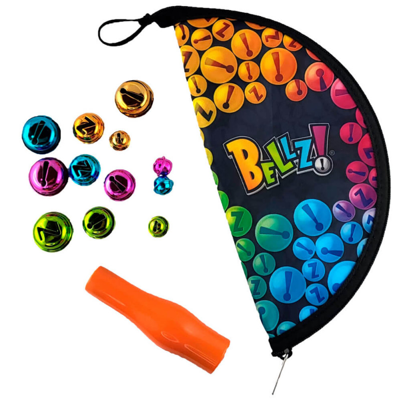 Bunte Musikglocken, eine orangefarbene Kazoo und eine schwarze Tasche mit BELLZ!-Logo und buntem Design.