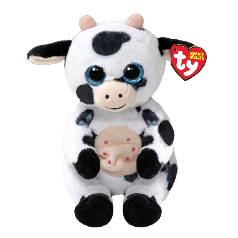 Plüschige schwarz-weiße Kuh mit großen blauen Augen, rosa Euter und rotem Ty Beanie Babies-Anhänger.