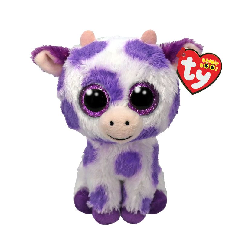 Lila-weiße Plüschkuh mit großen Glitzeraugen und rotem Ty Beanie Boos-Anhänger am Ohr.