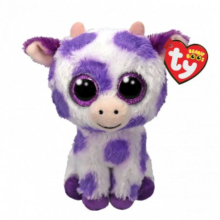Lila-weiße Plüschkuh mit großen Glitzeraugen und rotem Ty Beanie Boos-Anhänger am Ohr.