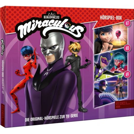 Cover der Miraculous-Hörspiele mit den Hauptcharakteren in Kostümen und Bildern aus den Episoden.