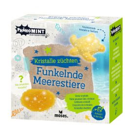 Bunte Verpackung eines Kristallzucht-Kits Funkelnde Meerestiere von Phänomint mit Meeresbewohnern.
