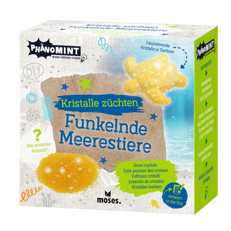 Bunte Verpackung eines Kristallzucht-Kits Funkelnde Meerestiere von Phänomint mit Meeresbewohnern.