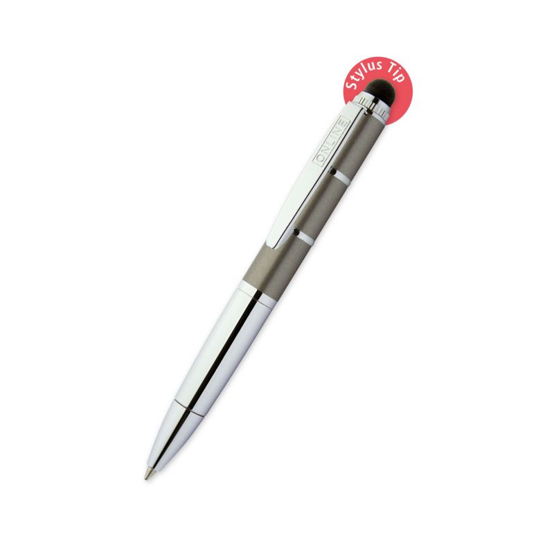 Silber-grauer Stift mit schwarzer Stylus-Spitze, markiert durch ein rotes Etikett mit der Aufschrift Stylus Tip. Silber-grauer Stift mit schwarzer Stylus-Spitze, markiert durch ein rotes Etikett mit der Aufschrift Stylus Tip.
