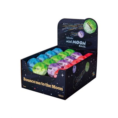 Eine Box mit bunten Mini Moon Balls, vorne steht: Bounce me to the Moon.