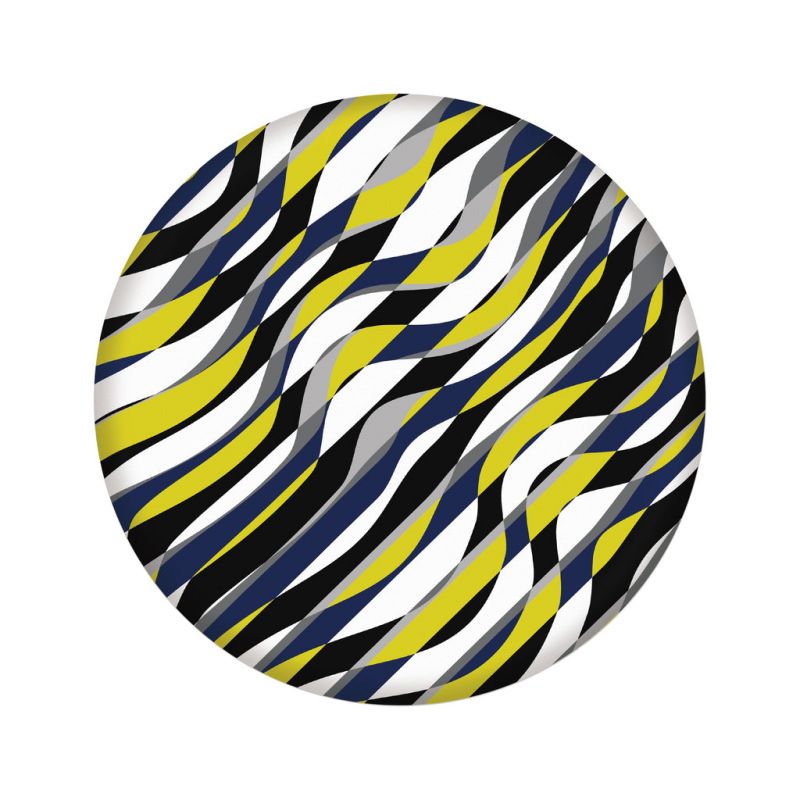 Kreisförmiges Muster aus geschwungenen schwarzen, gelben, weißen und grauen Linien auf weißem Hintergrund.