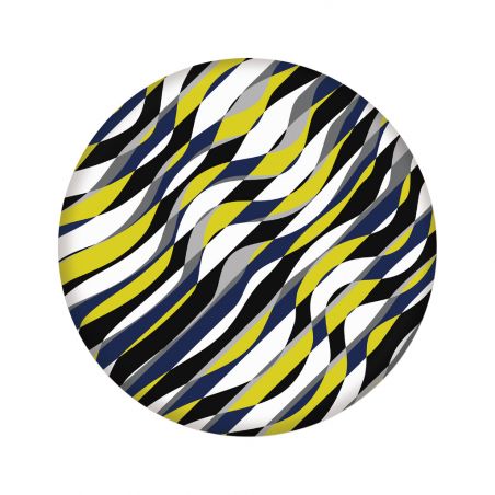 Kreisförmiges Muster aus geschwungenen schwarzen, gelben, weißen und grauen Linien auf weißem Hintergrund.