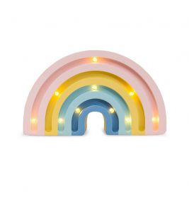 Pastellfarbenes Nachtlicht in Regenbogenform mit kleinen Leuchten auf jedem Bogen, leuchtend vor weißem Hintergrund.