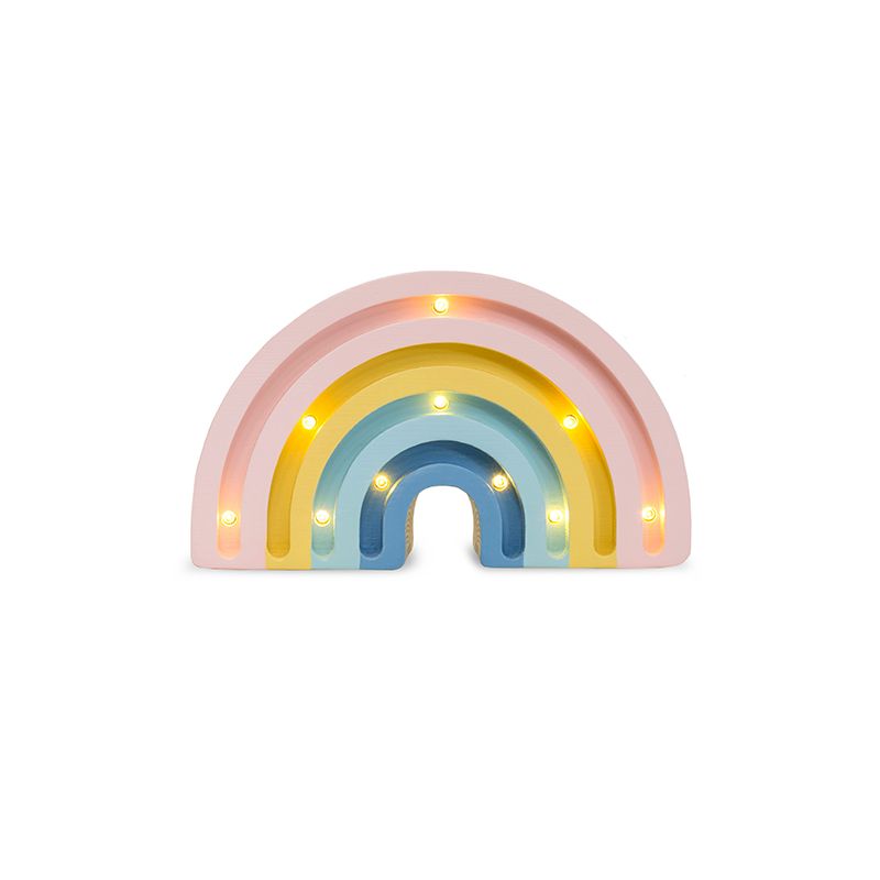 Pastellfarbenes Nachtlicht in Regenbogenform mit kleinen Leuchten auf jedem Bogen, leuchtend vor weißem Hintergrund. Pastellfarbenes Nachtlicht in Regenbogenform mit kleinen Leuchten auf jedem Bogen, leuchtend vor weißem Hintergrund.