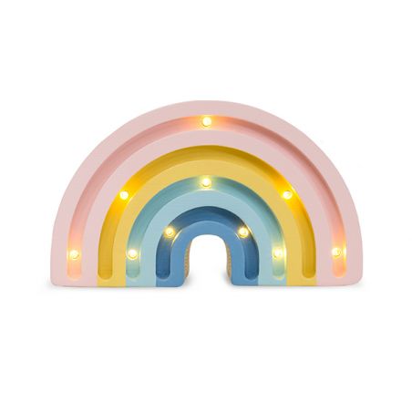 Pastellfarbenes Nachtlicht in Regenbogenform mit kleinen Leuchten auf jedem Bogen, leuchtend vor weißem Hintergrund.