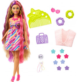 Mattel HCM89 Barbie Totally Hair Puppe im Blumenlook, 21,6 cm langes Fantasiehaar, 15 Zubehörteile,