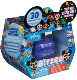 Eine Disney Bitzee Spielzeugbox mit bunten digitalen Figuren und einem blauen Gerät in der Verpackung.