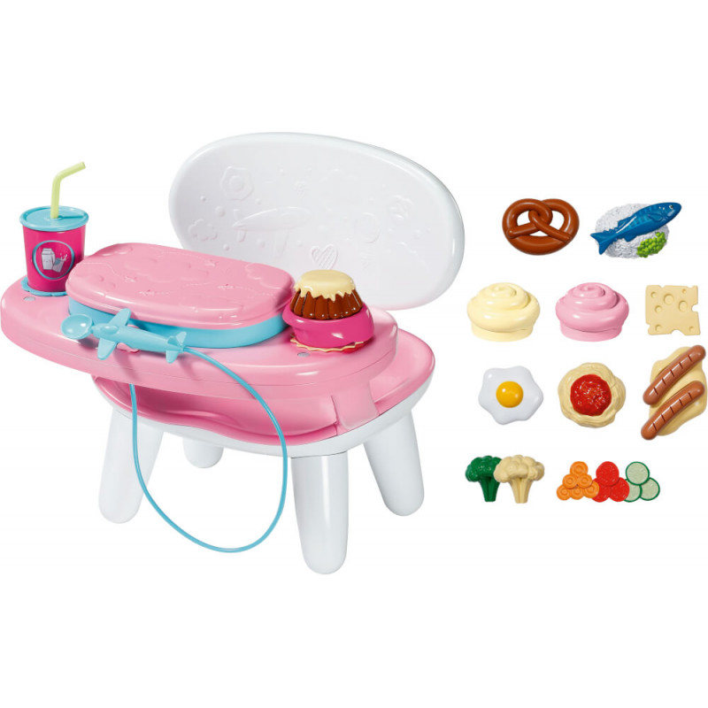 Pink-weißes Spielküchen-Set mit Spiellebensmitteln wie Fisch, Wurst, Eiern und Gemüse.