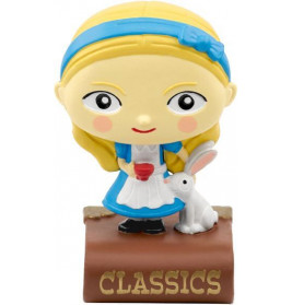 Cartoon-Alice im blauen Kleid mit weißem Kaninchen auf Sockel mit der Aufschrift CLASSICS.