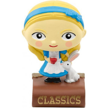 Cartoon-Alice im blauen Kleid mit weißem Kaninchen auf Sockel mit der Aufschrift CLASSICS.