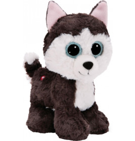 Plüsch-Husky mit großen blauen Augen, schwarz-weißem Fell und rosa Ohreninnenseiten.