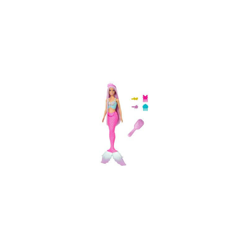 Meerjungfrau-Puppe mit langem blondem Haar, pinker Flosse und Zubehör wie Bürste, Kämme und Haarklammern. Meerjungfrau-Puppe mit langem blondem Haar, pinker Flosse und Zubehör wie Bürste, Kämme und Haarklammern.