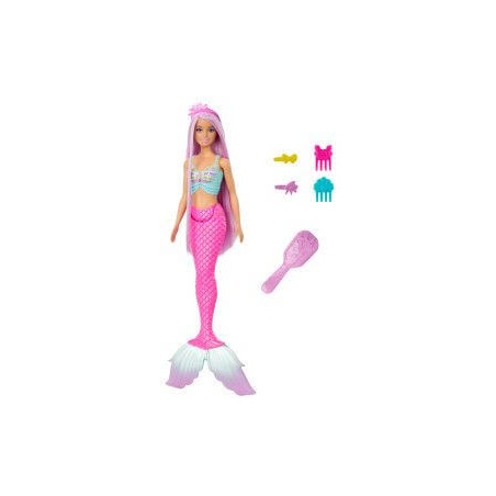 Meerjungfrau-Puppe mit langem blondem Haar, pinker Flosse und Zubehör wie Bürste, Kämme und Haarklammern.