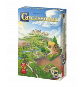 Carcassonne-Spielschachtel mit mittelalterlicher Landschaft und Burg unter blauem Himmel.