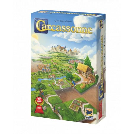 Carcassonne-Spielschachtel mit mittelalterlicher Landschaft und Burg unter blauem Himmel.