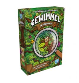Box von Gewimmel im Schlaraffenland mit bunt gestaltetem, dschungelartigem Motiv und tierischen Illustrationen.