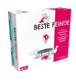 Rote und weiße BESTE FEINDE-Spielschachtel mit Illustrationen und deutschem Text auf der Vorderseite.
