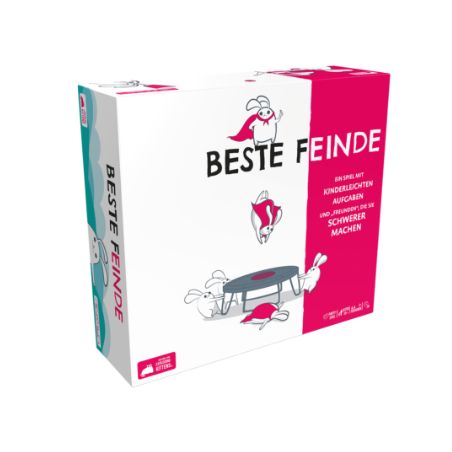 Rote und weiße BESTE FEINDE-Spielschachtel mit Illustrationen und deutschem Text auf der Vorderseite.