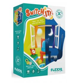 Box des Spiels Switch It! mit farbenfroher, verspielter Grafik und geteiltem Tag-Nacht-Zimmermotiv.