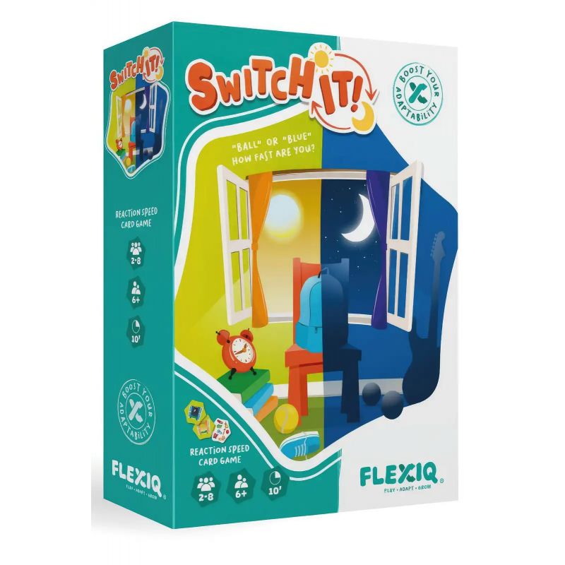 Box des Spiels Switch It! mit farbenfroher, verspielter Grafik und geteiltem Tag-Nacht-Zimmermotiv. Box des Spiels Switch It! mit farbenfroher, verspielter Grafik und geteiltem Tag-Nacht-Zimmermotiv.
