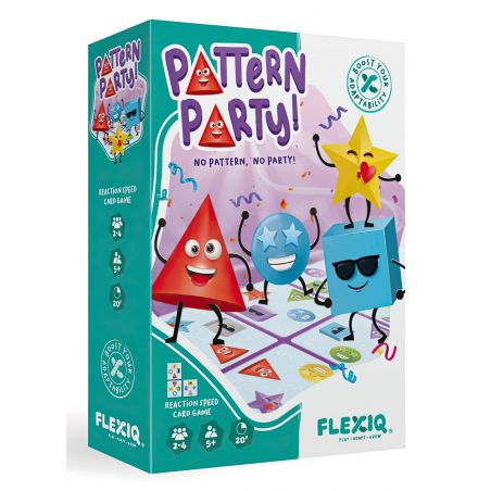 Box des Kartenspiels Pattern Party! mit bunten, lächelnden Formen auf dem Cover. Box des Kartenspiels Pattern Party! mit bunten, lächelnden Formen auf dem Cover.