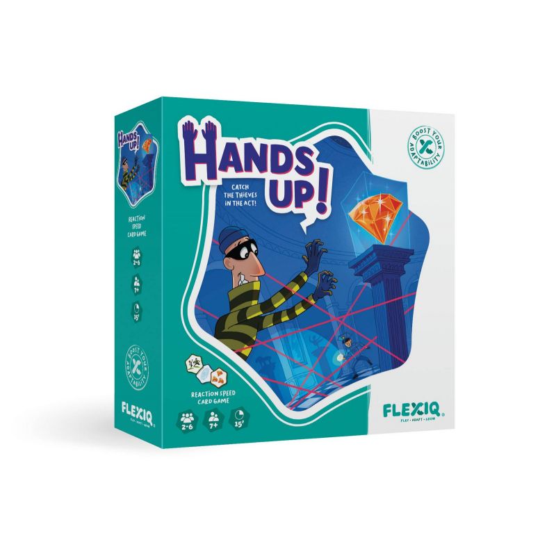 Spieleschachtel von Hands Up! mit Cartoon-Dieb, der nach einem Diamanten zwischen Lasern greift. Spieleschachtel von Hands Up! mit Cartoon-Dieb, der nach einem Diamanten zwischen Lasern greift.