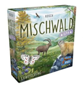 Schachtel des Brettspiels Mischwald: Alpen mit Waldtieren und Alpenlandschaft auf dem Cover.