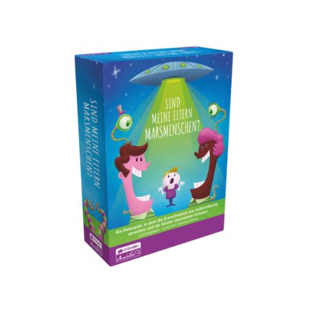 Box mit Cartoon-Aliens, einem UFO und dem deutschen Titel Sind meine Eltern Marsmenschen? auf der Vorderseite.