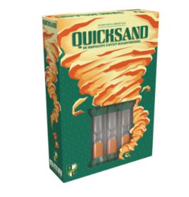 Schachtel des Brettspiels Quicksand mit Sand- und Timer-Illustrationen auf grünem Hintergrund.
