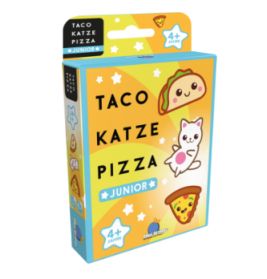 Bunte Box des Kartenspiels Taco Katze Pizza Junior mit Illustrationen von Taco, Katze und Pizza.