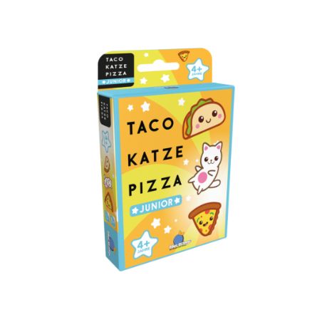 Bunte Box des Kartenspiels Taco Katze Pizza Junior mit Illustrationen von Taco, Katze und Pizza.