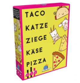 Gelbe Spielschachtel mit Bildern von Taco, Katze, Ziege, Käse, Pizza Vorderseite mit deutschem Text.