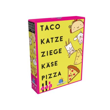 Gelbe Spielschachtel mit Bildern von Taco, Katze, Ziege, Käse, Pizza Vorderseite mit deutschem Text.