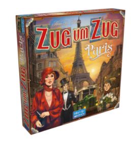 Spieleschachtel von Zug um Zug: Paris mit illustrierten Pariser Szenen und Charakteren auf dem Cover.