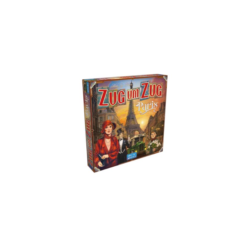 Spieleschachtel von Zug um Zug: Paris mit illustrierten Pariser Szenen und Charakteren auf dem Cover.