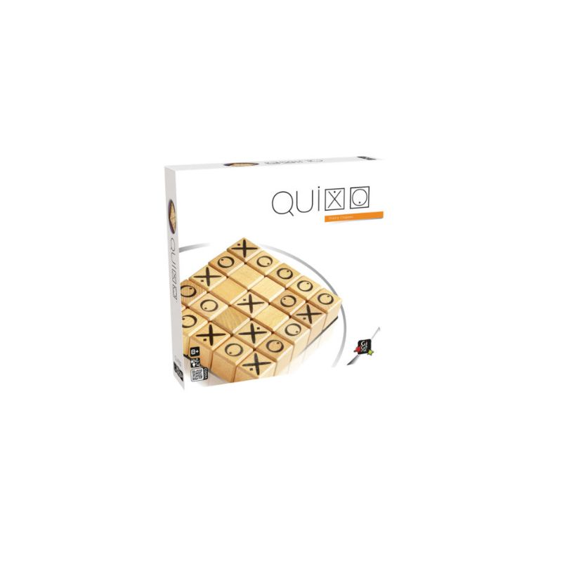 Schachtel des Brettspiels Quixo mit Holzwürfeln, die X- und O-Symbole in einem Raster zeigen. Schachtel des Brettspiels Quixo mit Holzwürfeln, die X- und O-Symbole in einem Raster zeigen.