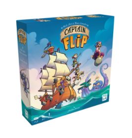 Captain Flip Spielschachtel mit Cartoon-Piraten auf einem Schiff und einem Seeungeheuer im Hintergrund.